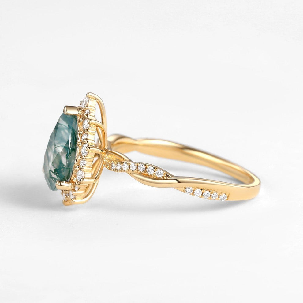 Unique Pear Shaped Moss Agate Infinity Engagement Ring.