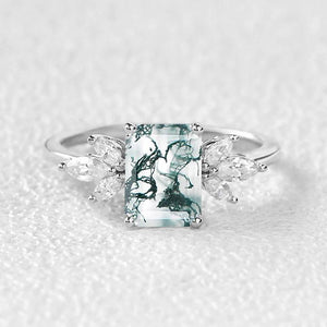 Sylvie’s Lattice | Emerald Cut Moss Agate Cluster Engagement Ring.