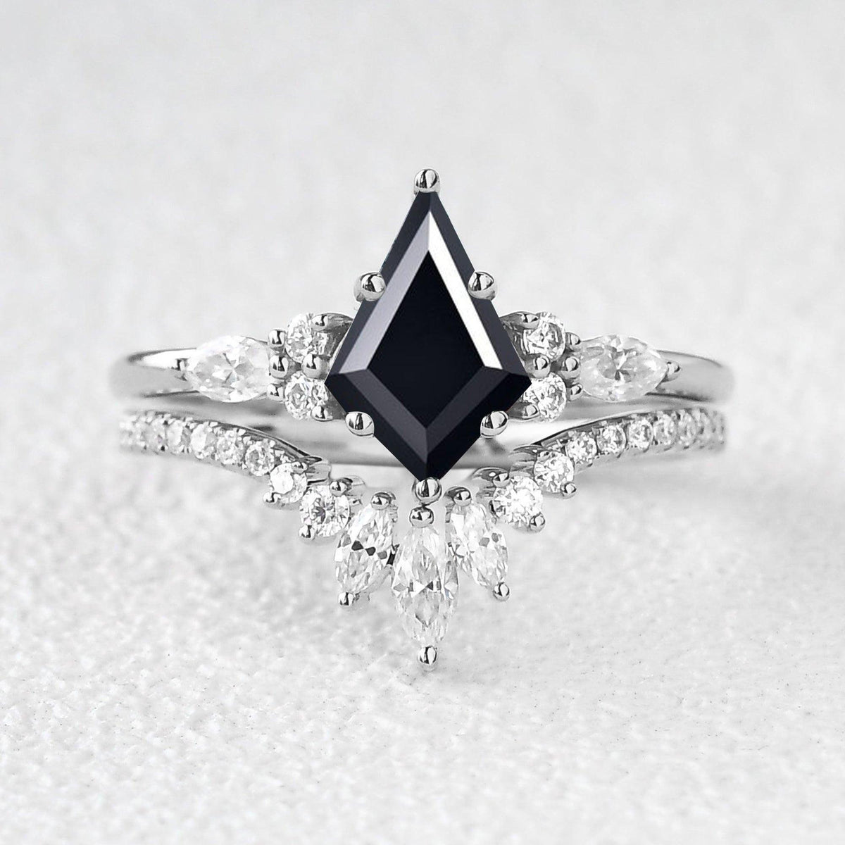 Adela’s Promise | Kite Cut Moss Agate Three Stone Engagement Ring Set 2pcs.