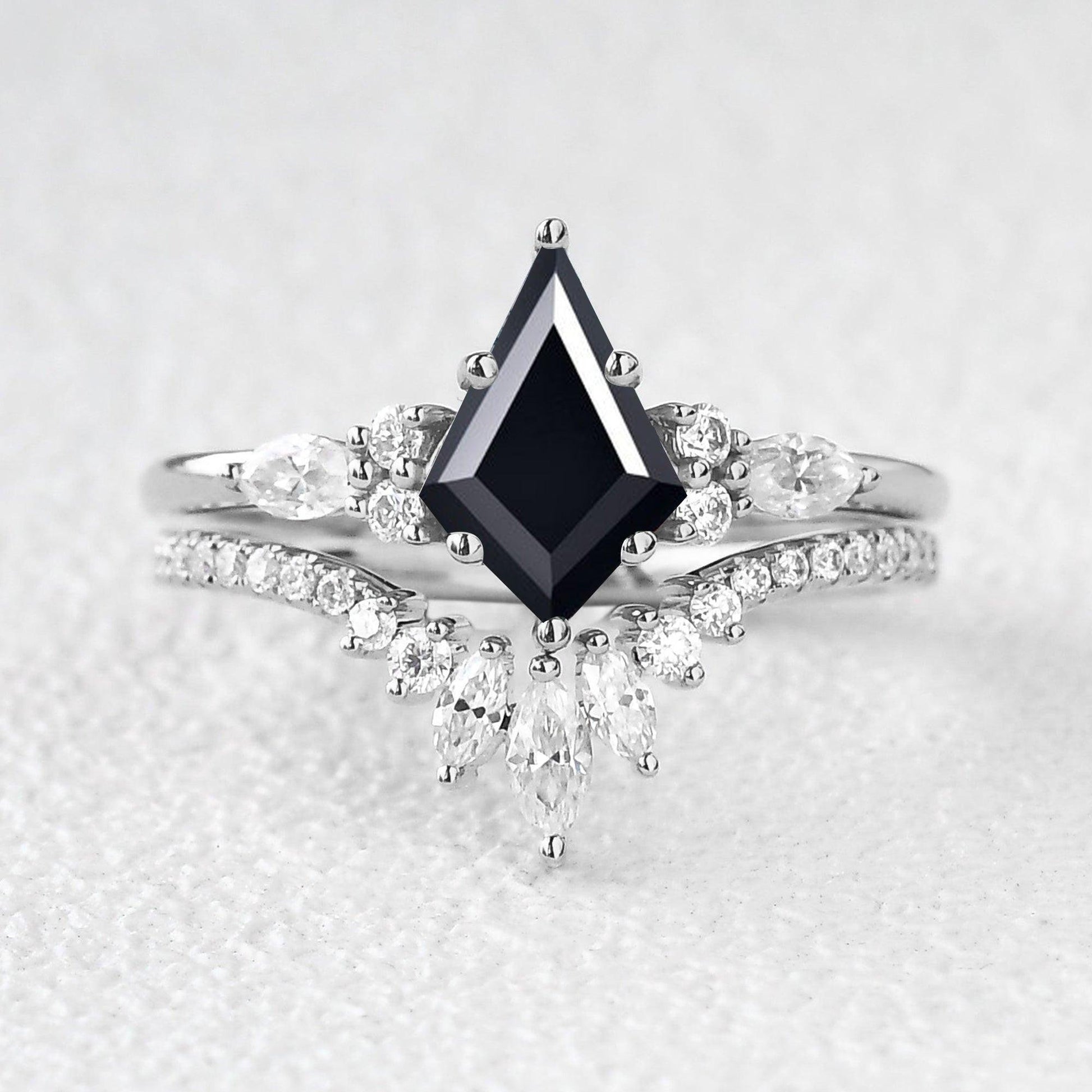 Adela’s Promise | Kite Cut Moss Agate Three Stone Engagement Ring Set 2pcs.