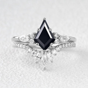 Adela’s Promise | Kite Cut Moss Agate Three Stone Engagement Ring Set 2pcs.