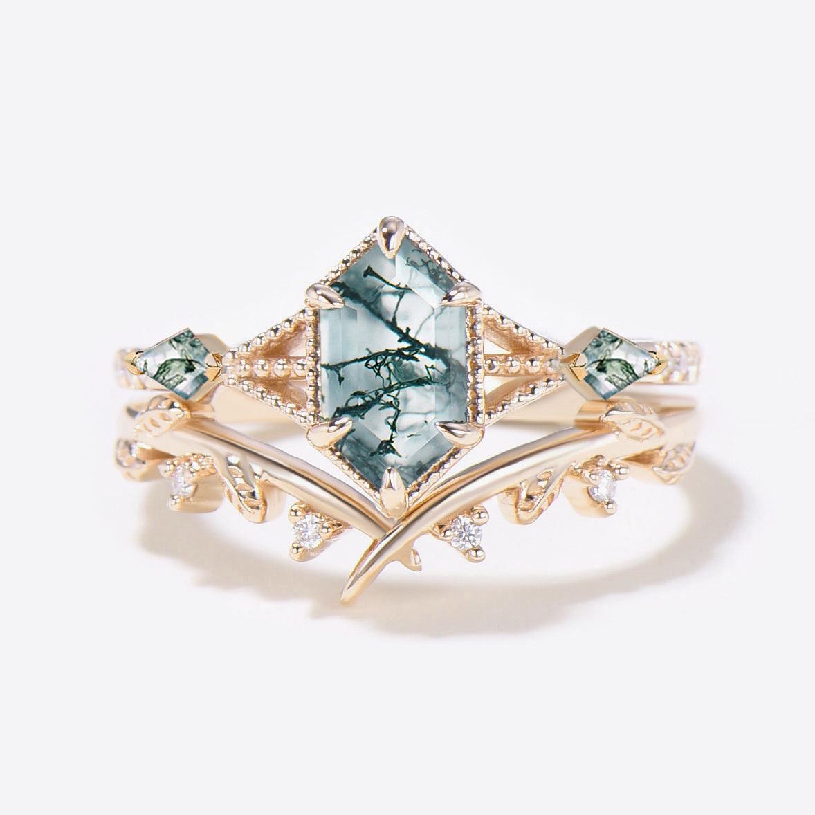 Leafy Long Hexagon Moss Agate Three Stones Engagement Ring Set 2pcs.