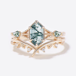 Leafy Long Hexagon Moss Agate Three Stones Engagement Ring Set 2pcs.