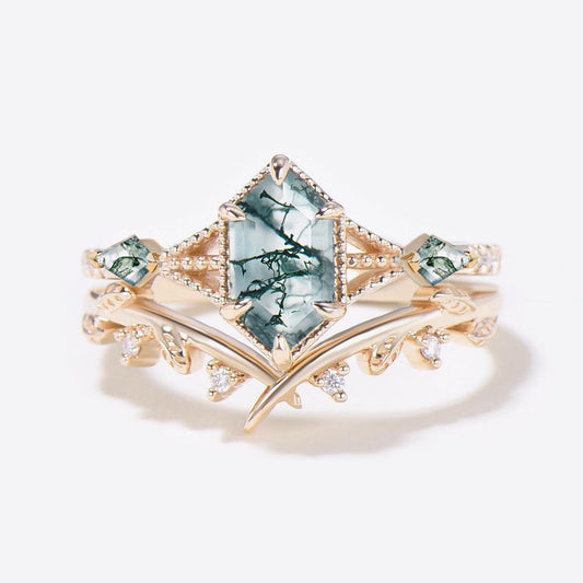 Leafy Long Hexagon Moss Agate Three Stones Engagement Ring Set 2pcs.