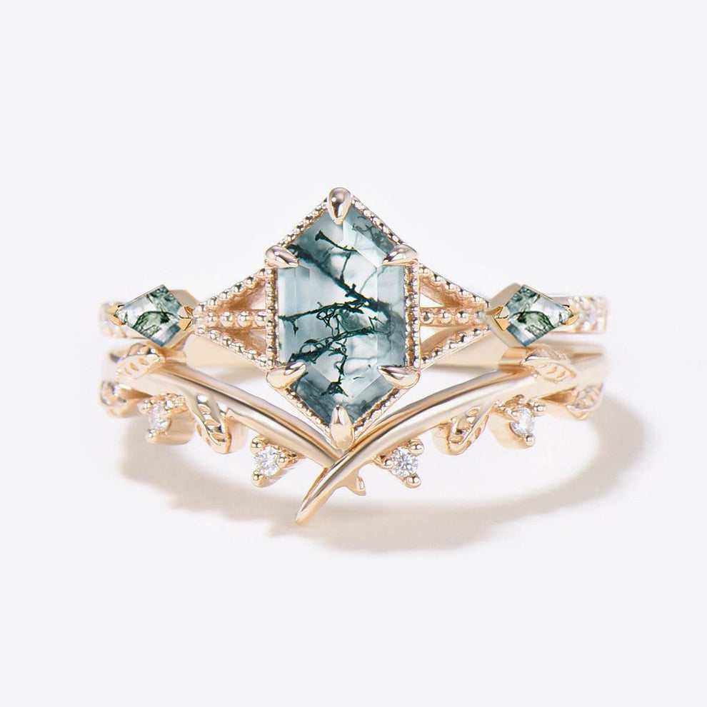 Leafy Long Hexagon Moss Agate Three Stones Engagement Ring Set 2pcs.
