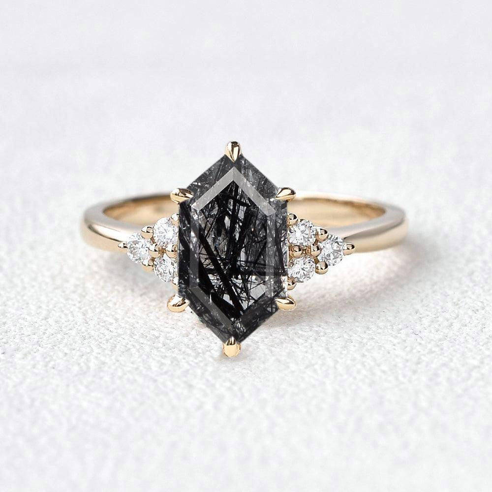 Nova Vintage Hexagon Moss Agate 3 Stone Engagement Ring.