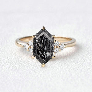 Nova Vintage Hexagon Moss Agate 3 Stone Engagement Ring.
