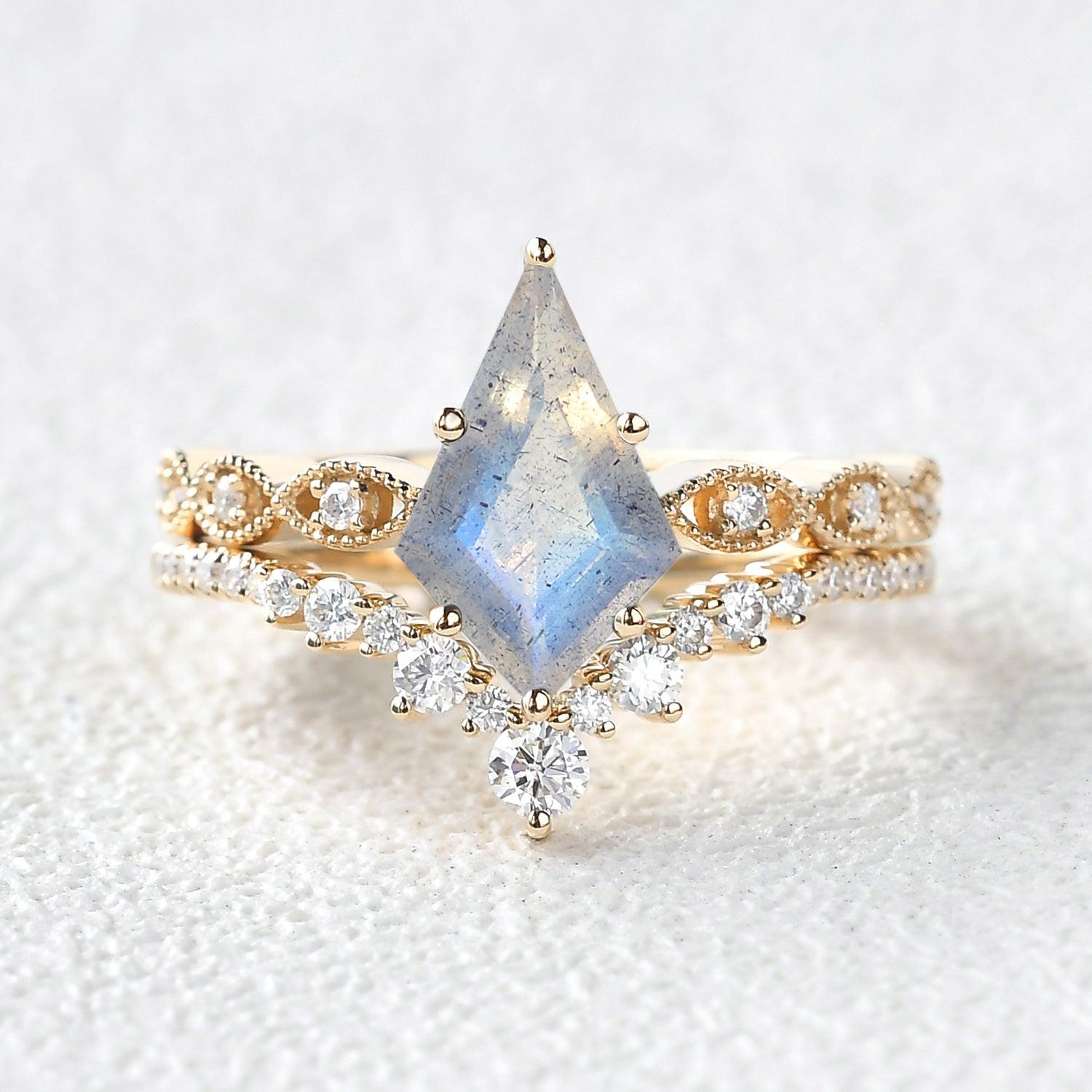 Winona 2.0ct Vintage Kite Cut Moss Agate Engagement Ring Set 2pcs.