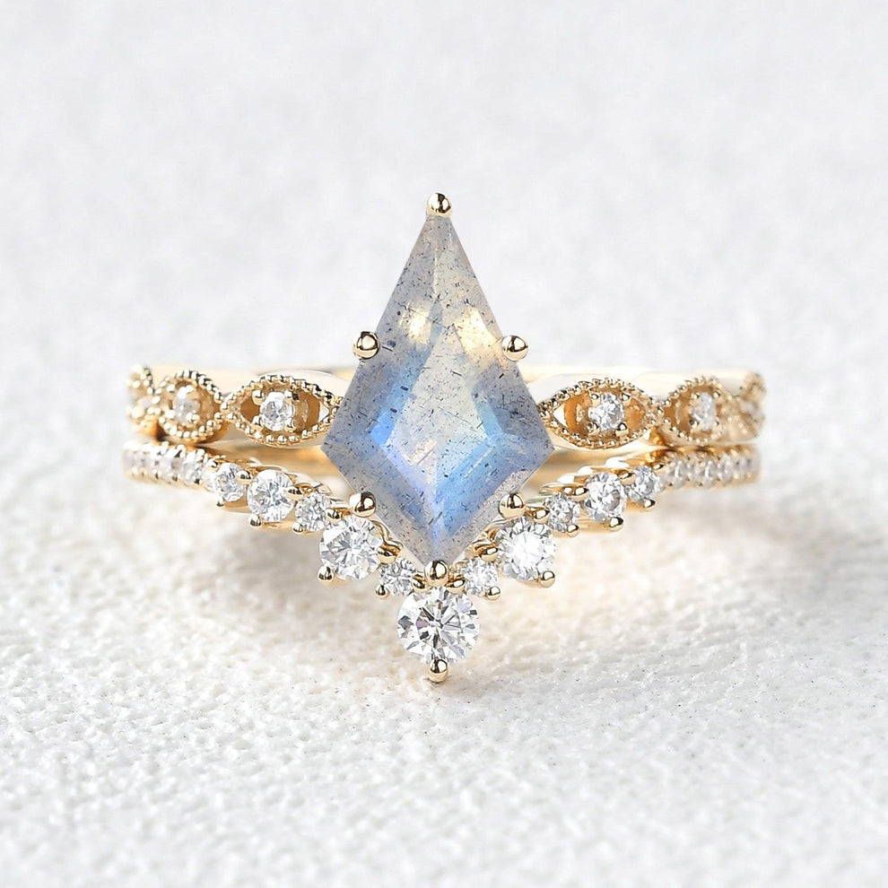 Winona 2.0ct Vintage Kite Cut Moss Agate Engagement Ring Set 2pcs.