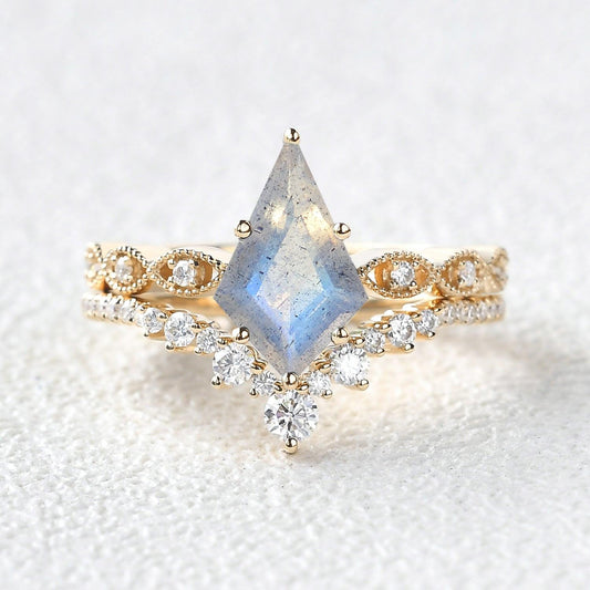 Winona 2.0ct Vintage Kite Cut Moss Agate Engagement Ring Set 2pcs.