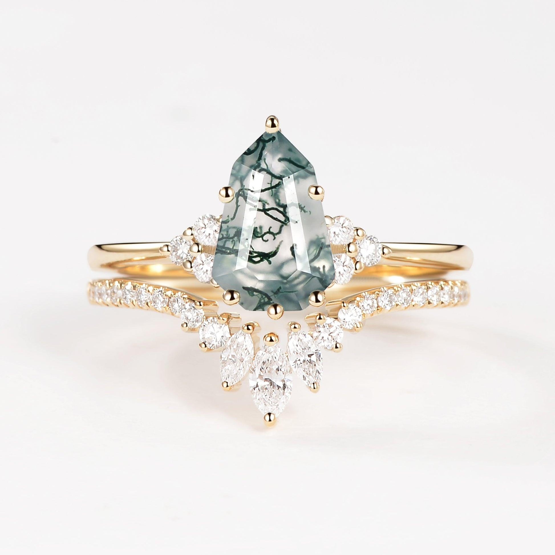 Pear-shaped Fancy Cut Moss Agate Engagement Ring Set 2pcs - Lydia.
