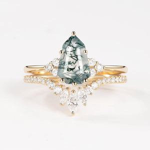 Pear-shaped Fancy Cut Moss Agate Engagement Ring Set 2pcs - Lydia.