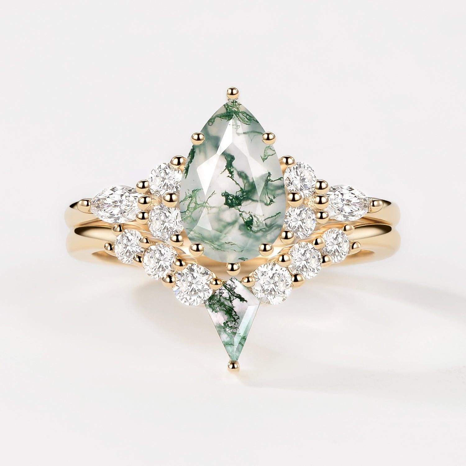 Zoey Twin Flames Pear Cut Unique Moss Agate Engagement Ring Sets 2pcs.