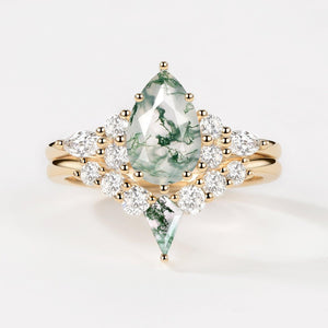 Zoey Twin Flames Pear Cut Unique Moss Agate Engagement Ring Sets 2pcs.