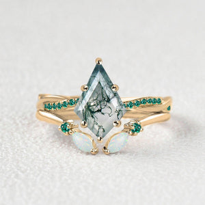 Kite Cut Moss Agate & Emerald & Opal Engagement Ring Set 2pcs.
