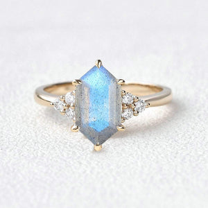 Nova Vintage Hexagon Moss Agate 3 Stone Engagement Ring.