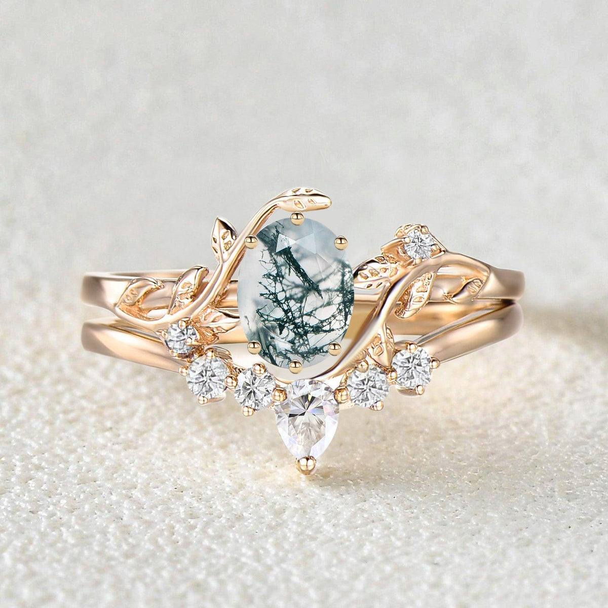 Oval Cut Leafy White Gold Moss Agate Ring Set 2pcs.