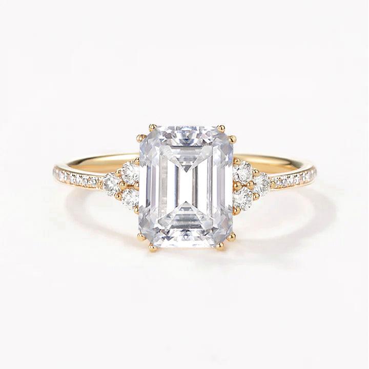 Classic Emerald Cut Moss Agate & Moissanite Cluster Engagement Ring.