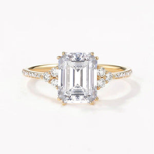 Classic Emerald Cut Moss Agate & Moissanite Cluster Engagement Ring.