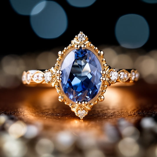 Aurelia’s Prism | Oval London Blue Topaz & Moissanite Art Deco Ring