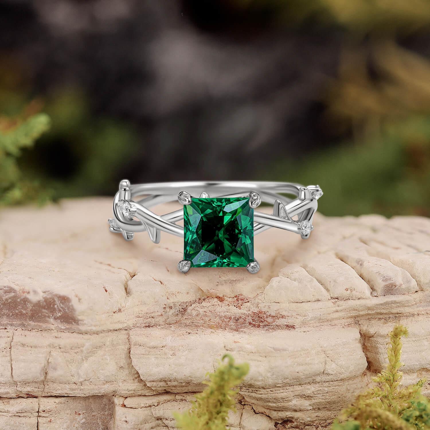 Nature Inspired Princess Cut Moss Agate Leafy Engagement Ring.