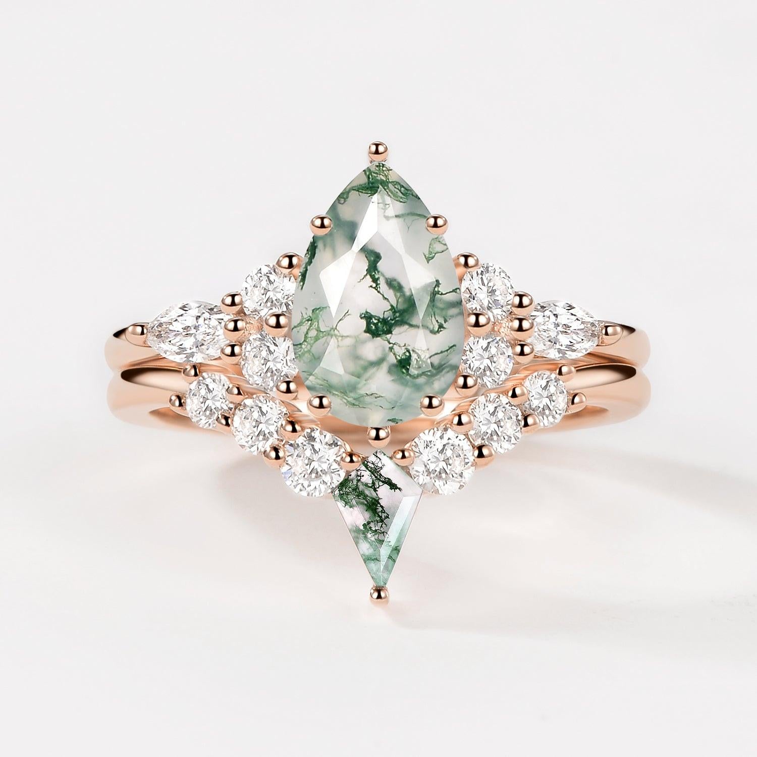 Zoey Twin Flames Pear Cut Unique Moss Agate Engagement Ring Sets 2pcs.