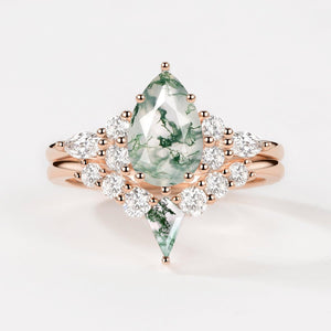 Zoey Twin Flames Pear Cut Unique Moss Agate Engagement Ring Sets 2pcs.