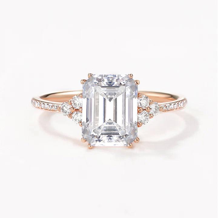 Classic Emerald Cut Moss Agate & Moissanite Cluster Engagement Ring.