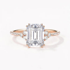 Classic Emerald Cut Moss Agate & Moissanite Cluster Engagement Ring.