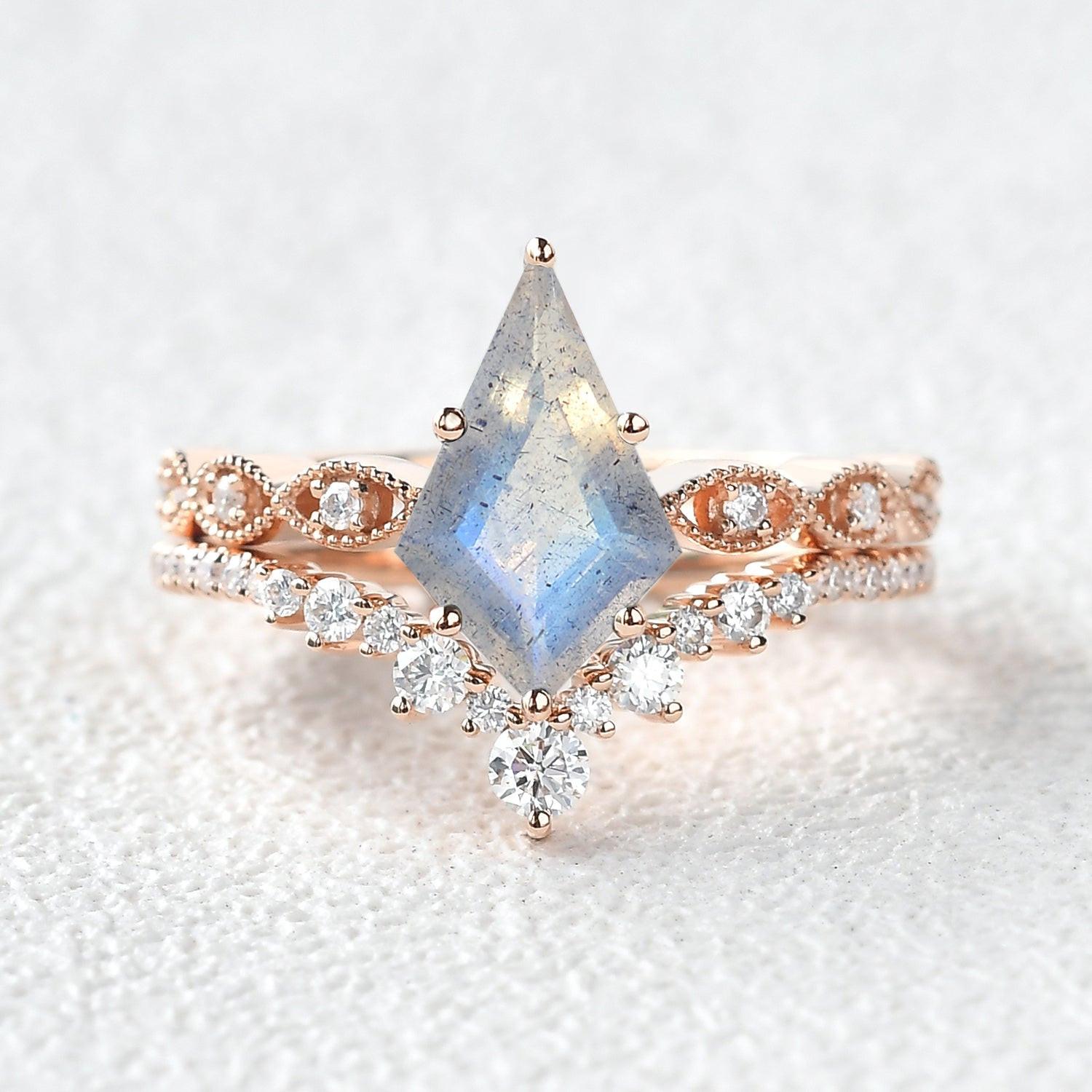 Winona 2.0ct Vintage Kite Cut Moss Agate Engagement Ring Set 2pcs.