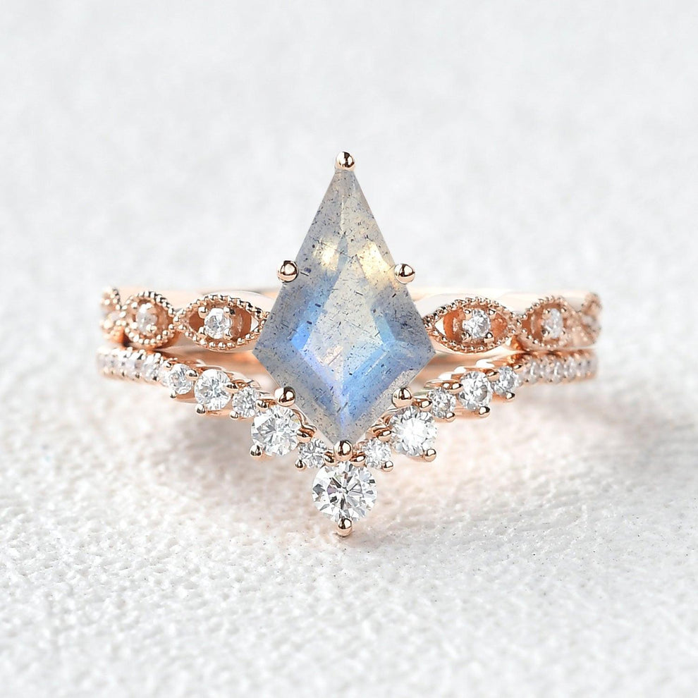 Winona 2.0ct Vintage Kite Cut Moss Agate Engagement Ring Set 2pcs.