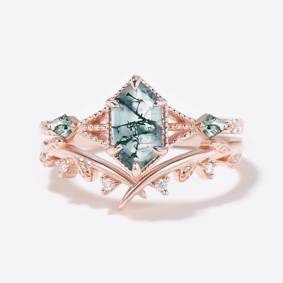 Leafy Long Hexagon Moss Agate Three Stones Engagement Ring Set 2pcs.