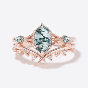 Leafy Long Hexagon Moss Agate Three Stones Engagement Ring Set 2pcs.