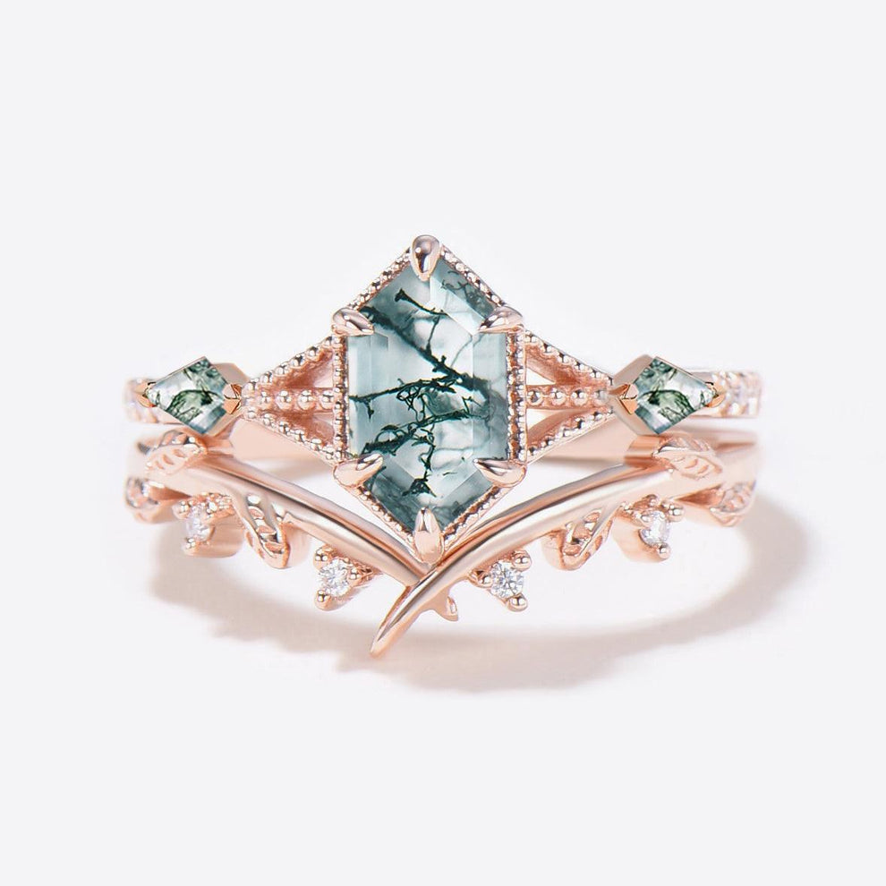 Leafy Long Hexagon Moss Agate Three Stones Engagement Ring Set 2pcs.