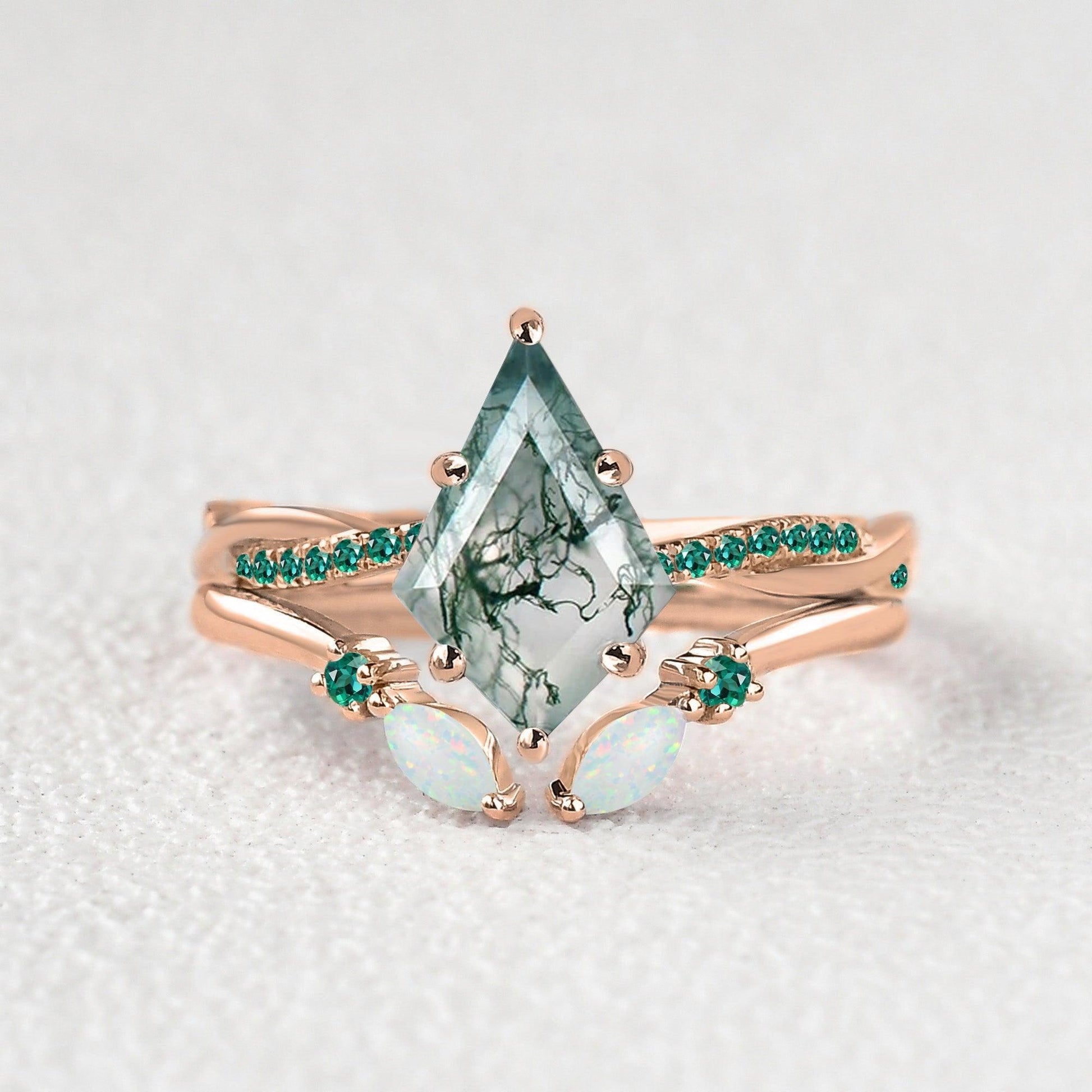 Kite Cut Moss Agate & Emerald & Opal Engagement Ring Set 2pcs.