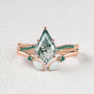 Kite Cut Moss Agate & Emerald & Opal Engagement Ring Set 2pcs.