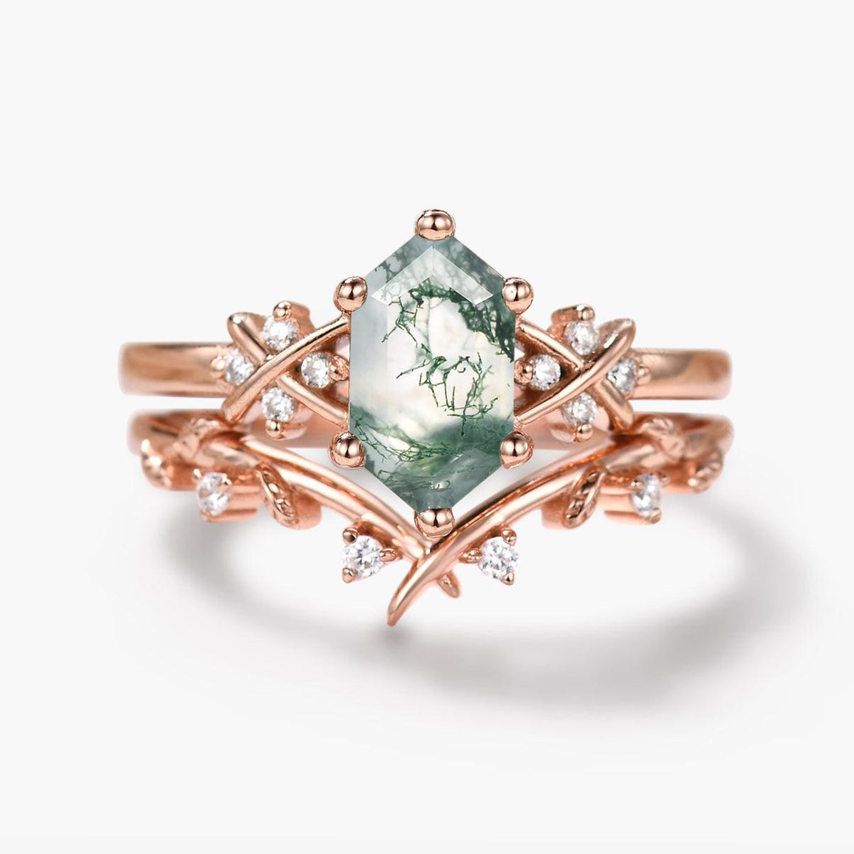 X-Band Long Hexagon Moss Agate Leafy Engagement Ring Set 2pcs.