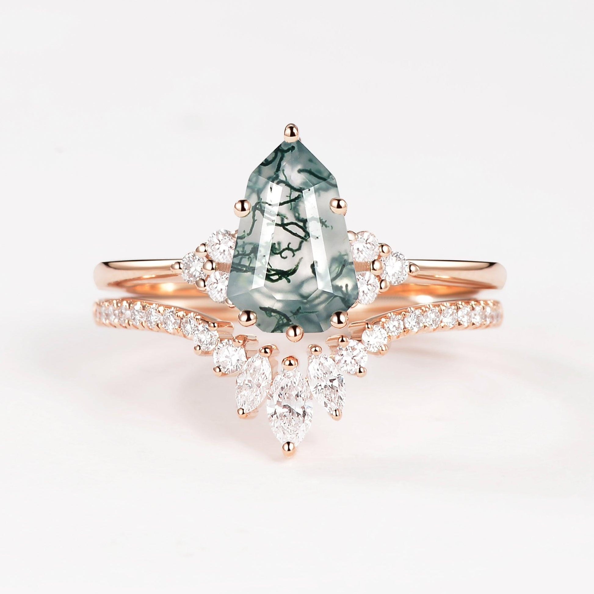 Pear-shaped Fancy Cut Moss Agate Engagement Ring Set 2pcs - Lydia.
