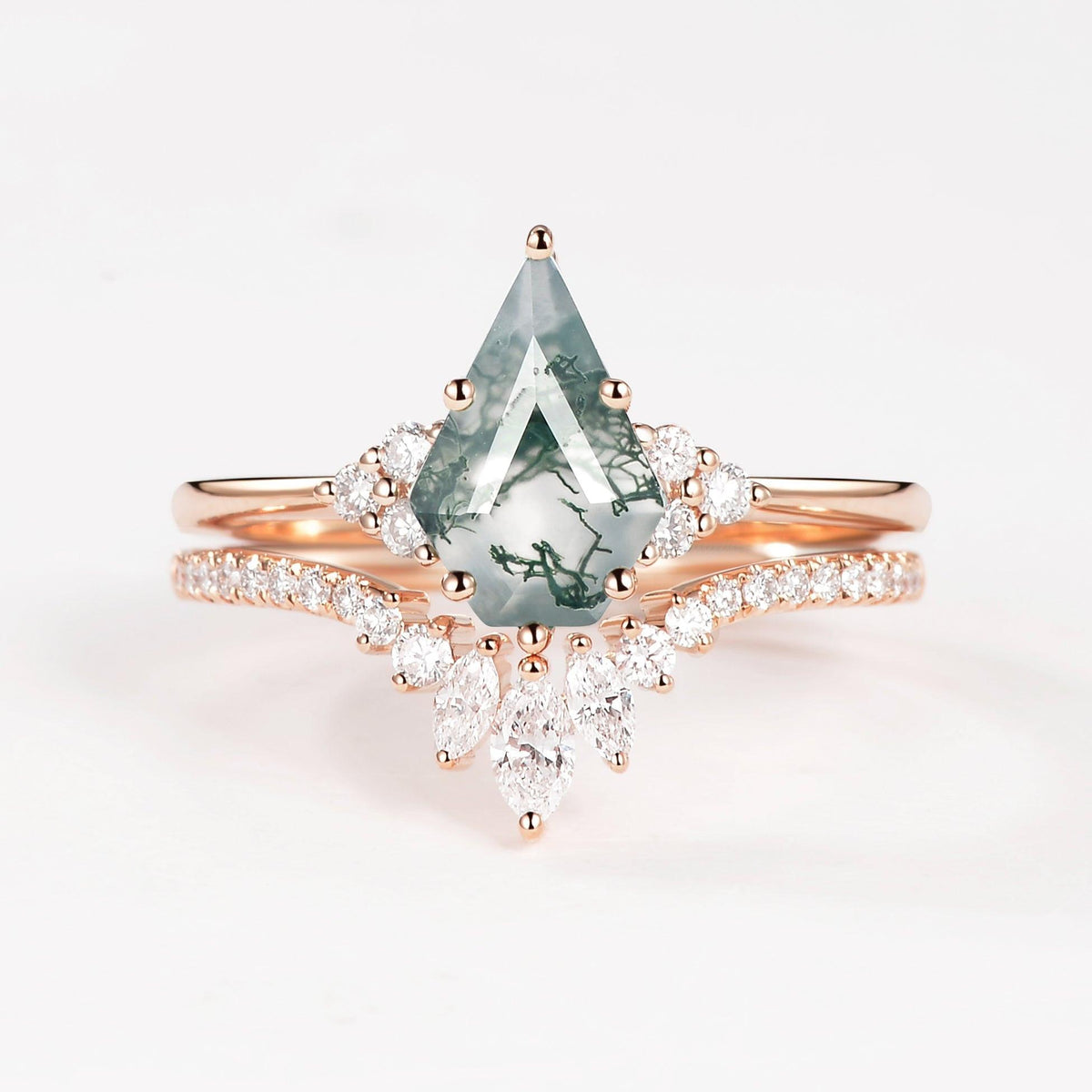 Elara’s Keystone | Pentagon Kite Cut Moss Agate Bridal Set 2pcs.