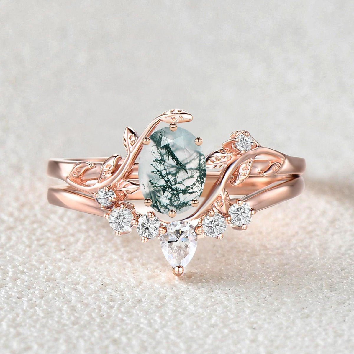 Oval Cut Leafy White Gold Moss Agate Ring Set 2pcs.