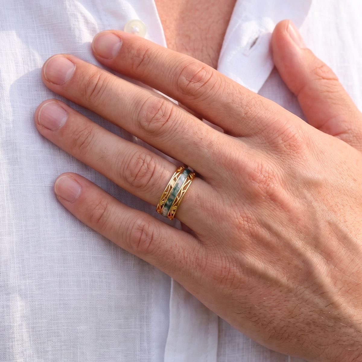 Apollo’s Laurel | 8MM Moss Agate Men’s Ring with Openwork Leaf Sides