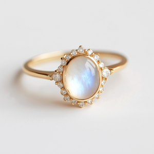 Elara’s Luster | Classic Oval Moonstone Halo Engagement Ring.