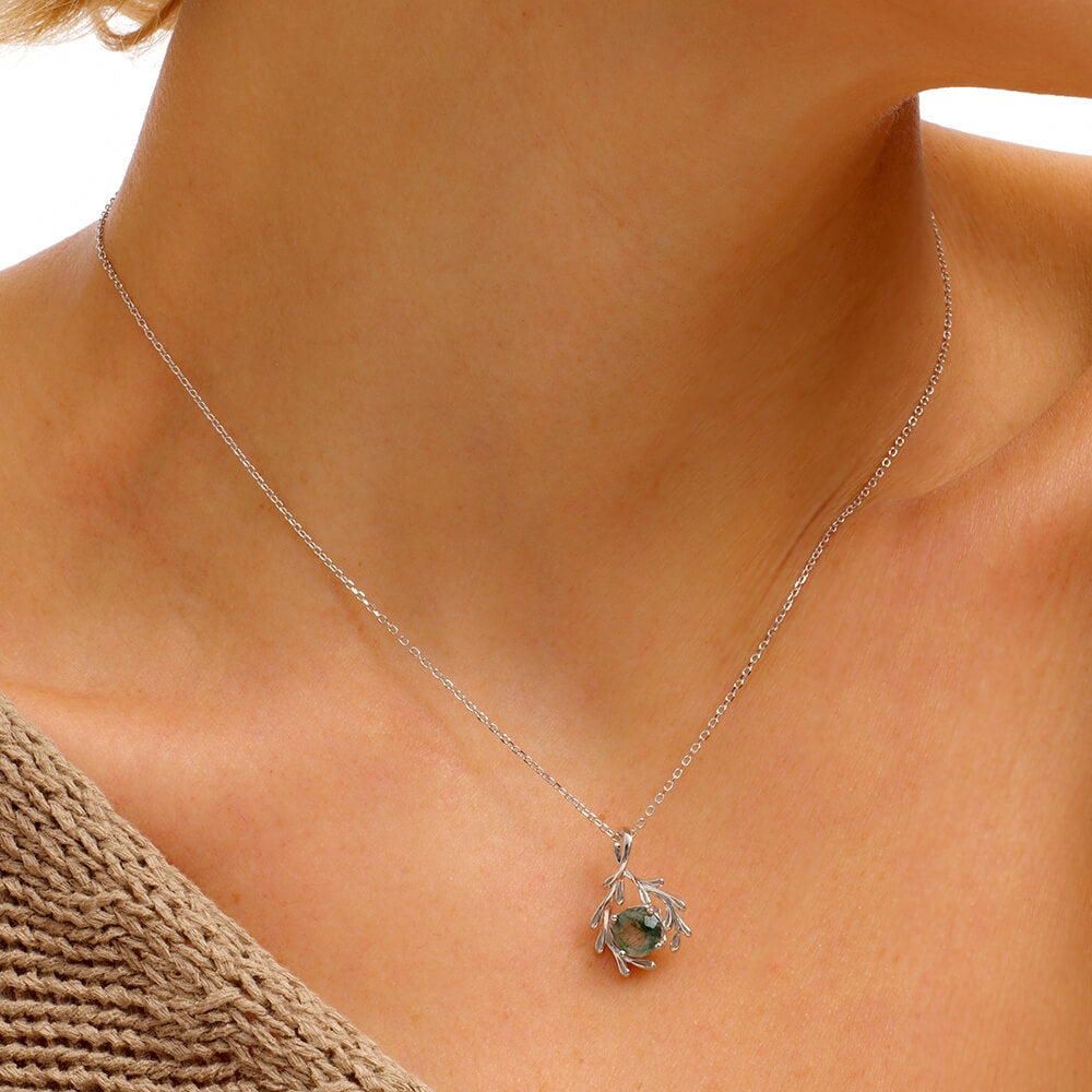 Round Natural Moss Agate Olive Branch Charm Necklace