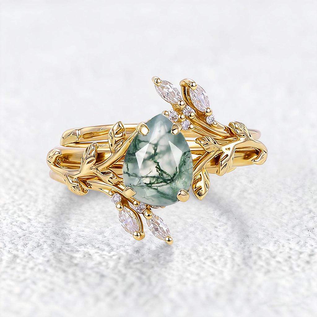 Cage Pear Shaped Moss Agate Leafy Ring Set 2pcs.