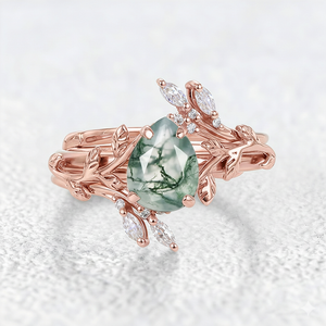 Cage Pear Shaped Moss Agate Leafy Ring Set 2pcs.