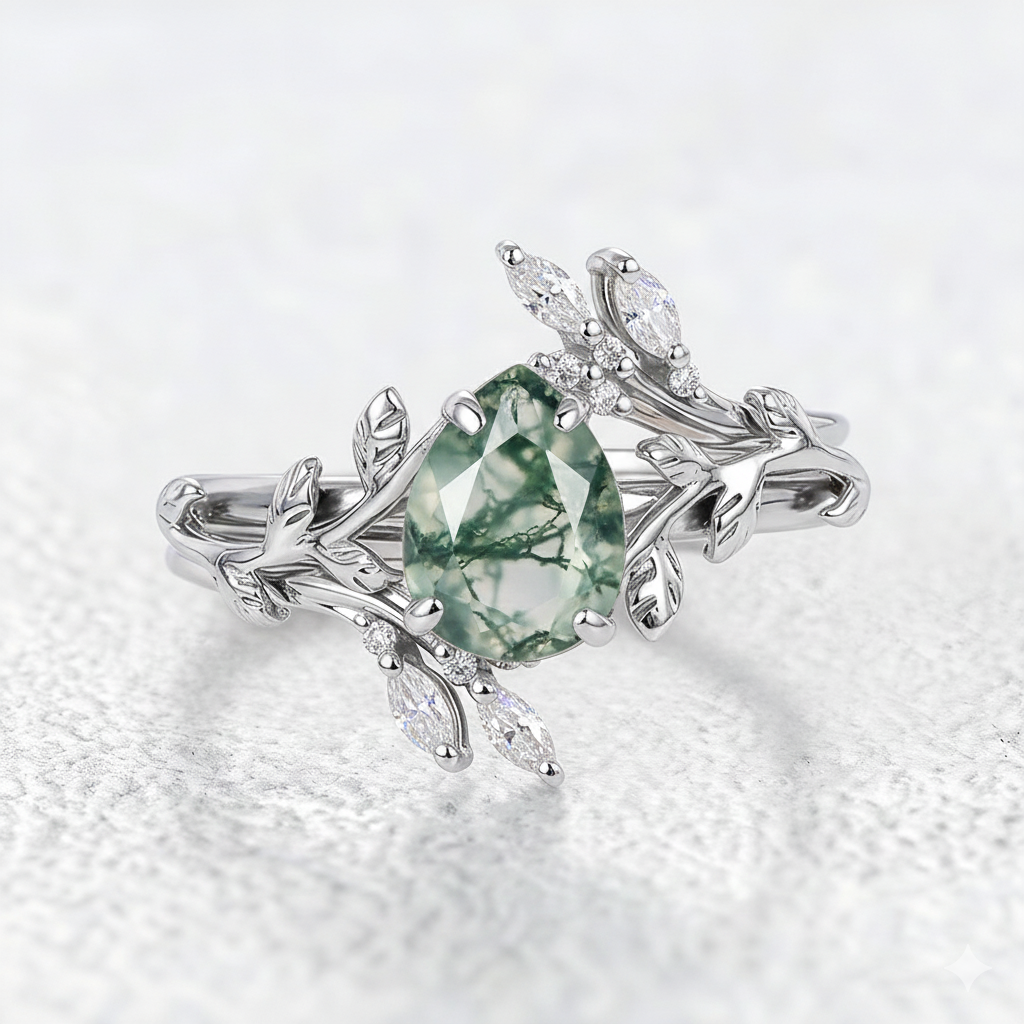 Cage Pear Shaped Moss Agate Leafy Ring Set 2pcs.