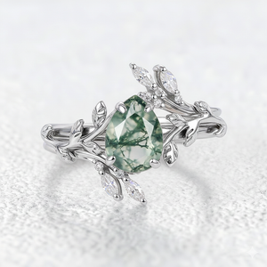 Cage Pear Shaped Moss Agate Leafy Ring Set 2pcs.