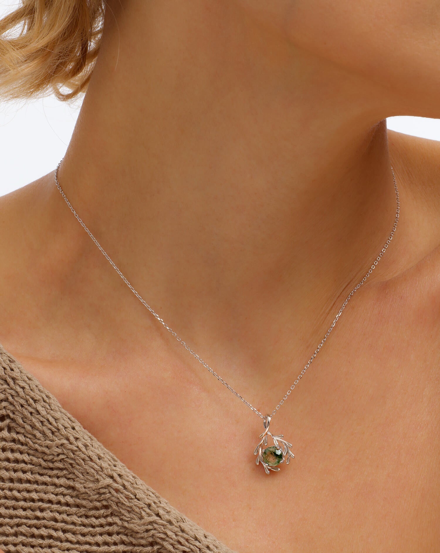 Round Natural Moss Agate Olive Branch Silver Charm Necklace