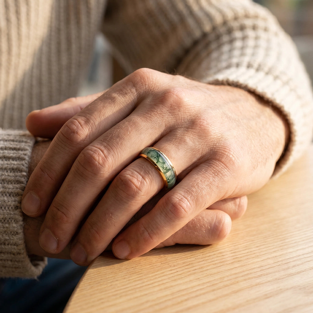 Atlas Arc | Eternal Curved Moss Agate Inlay Wedding Band.