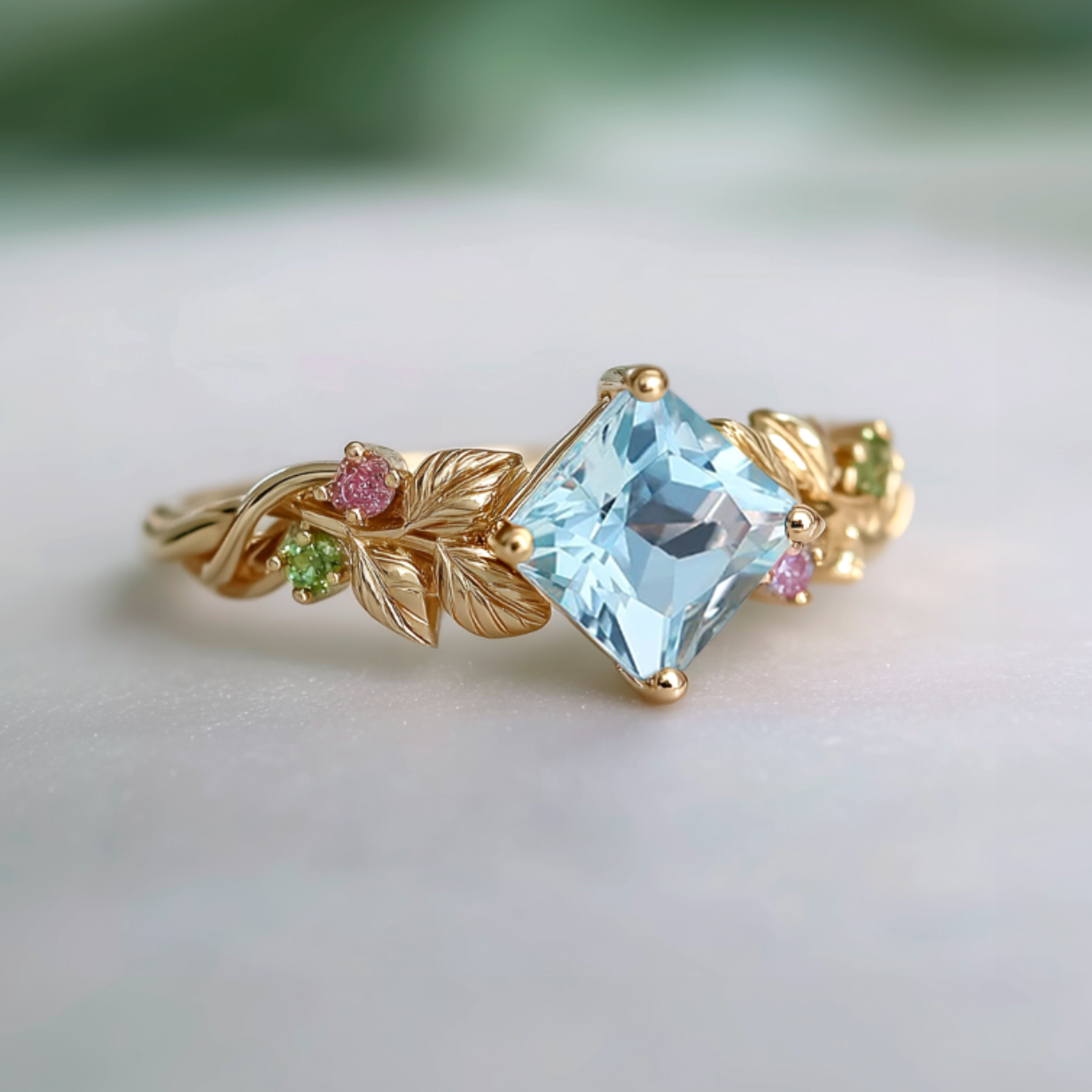 Cressida’s Stillness | Clear Blue Aquamarine Leafy Engagement Ring